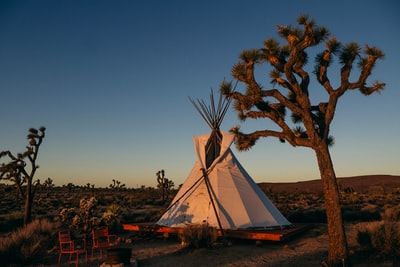 日落时棕色田野上的白色帐篷